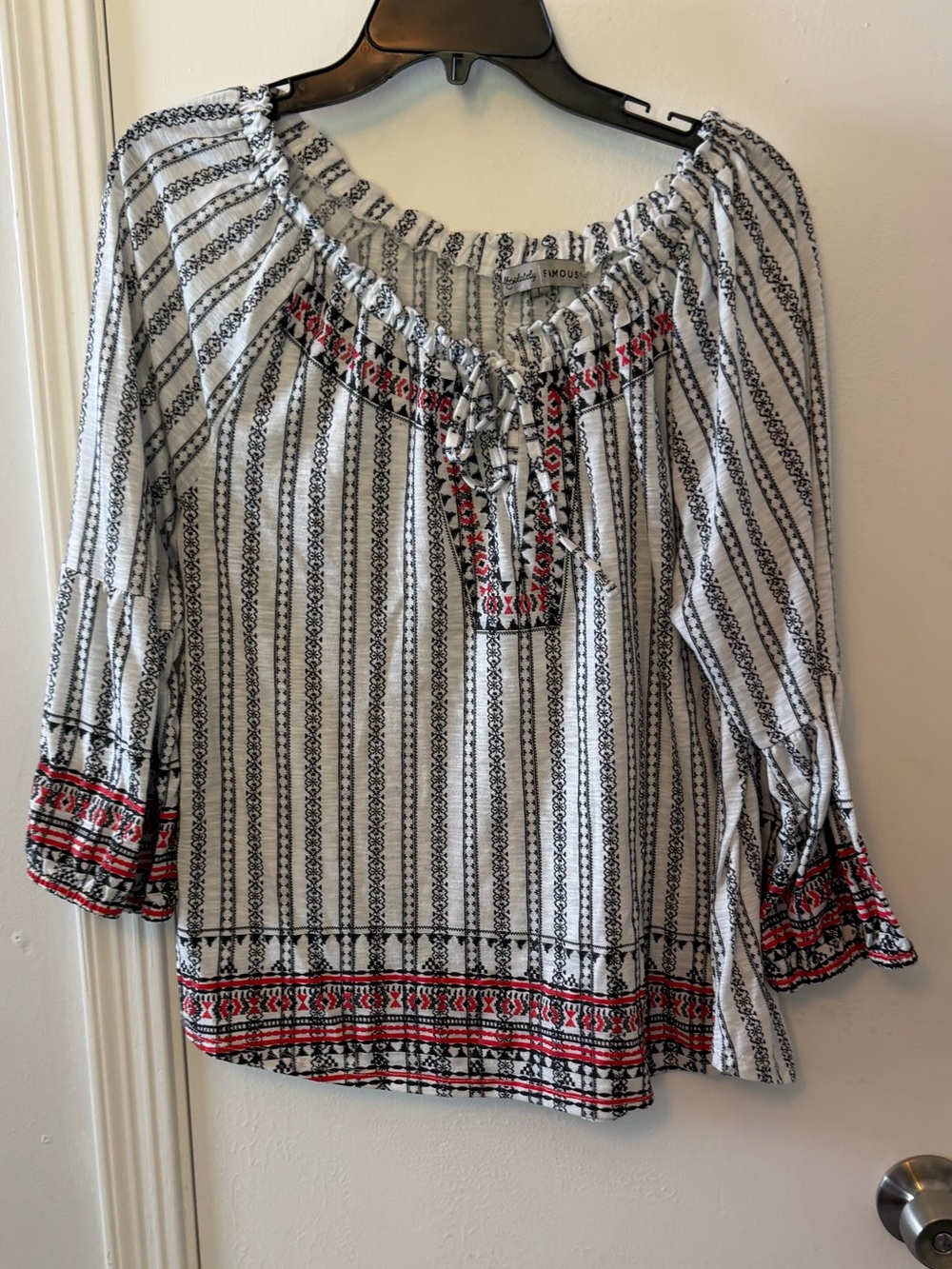 Absolutely Famous White Striped Peasant Blouse with Black and Red Embroidery